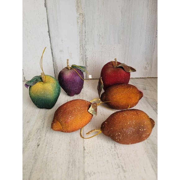 Felt realistic fruit lemon Apple glitter ornament Xmas set - Picture 2 of 6